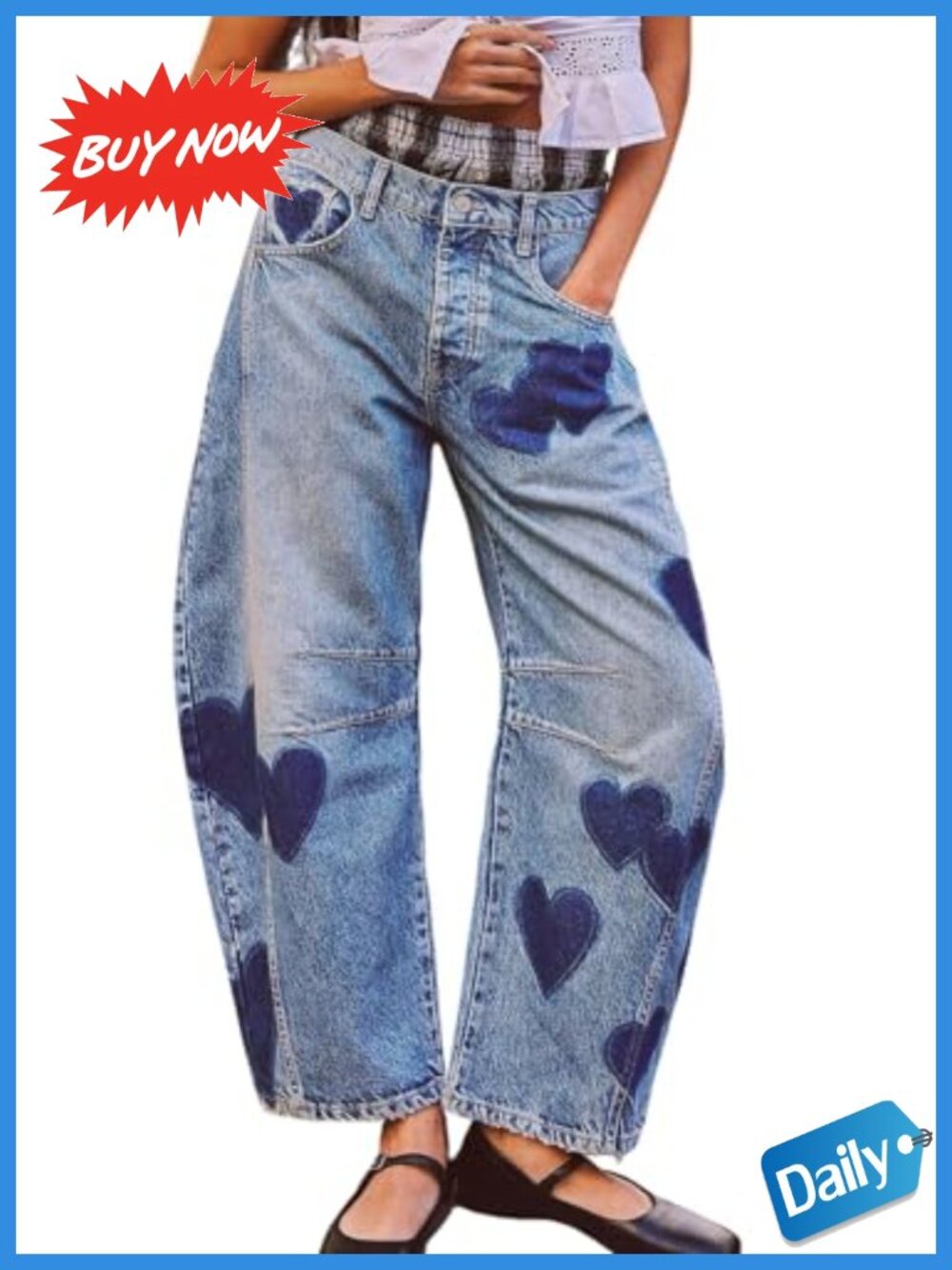 loveimgs Women Baggy Wide Leg Barrel Jeans Floral Printed Denim Pants